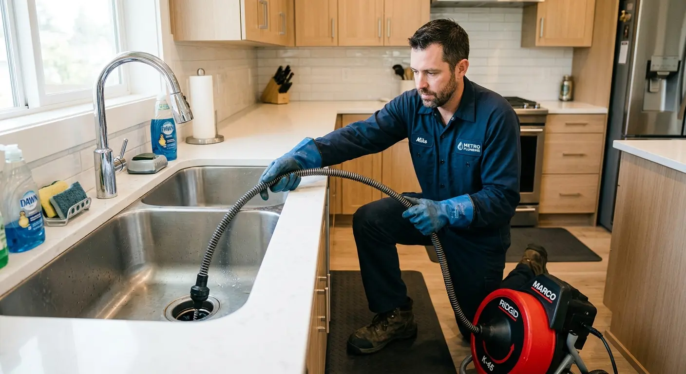Drain cleaning technician using a motorized snake on a kitchen sink in Bay St. Louis