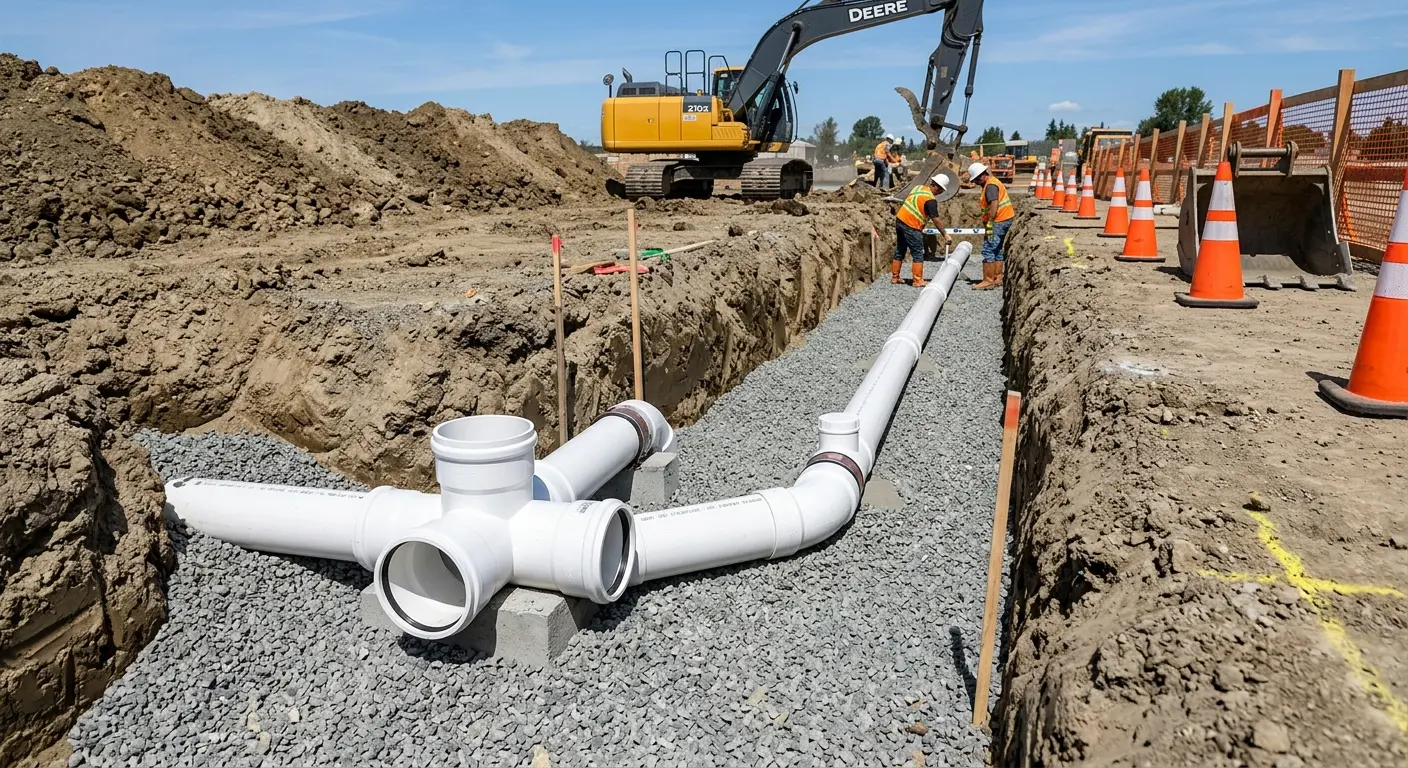 New PVC sewer pipe installation in open trench for Commercial Drain Cleaning in Bay St. Louis