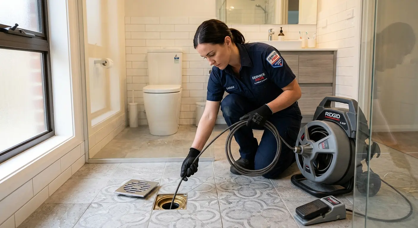 Technician clearing a bathroom floor drain for Hydro Jetting in Bay St. Louis